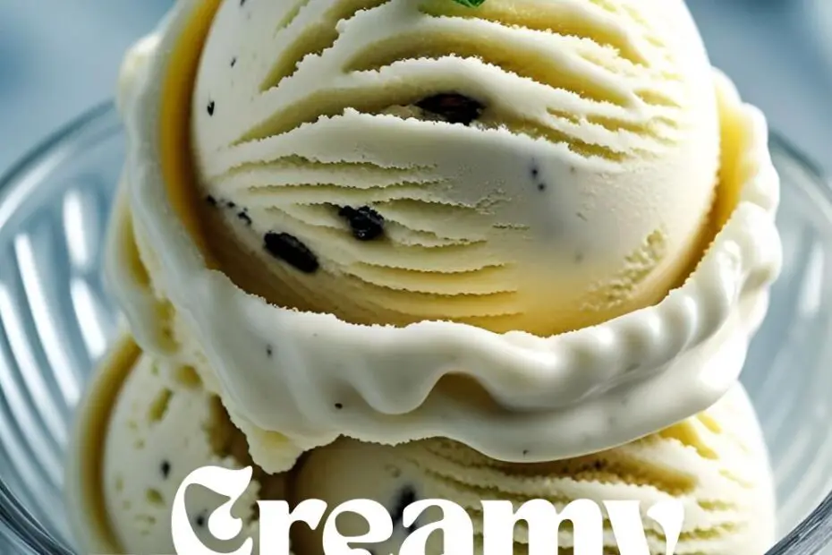 A close-up shot of a creamy, perfect scoop of homemade vanilla bean ice cream in a bowl, ready to eat.