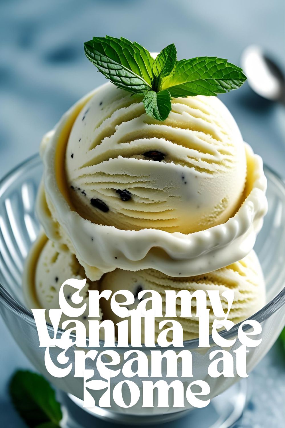 A close-up shot of a creamy, perfect scoop of homemade vanilla bean ice cream in a bowl, ready to eat.