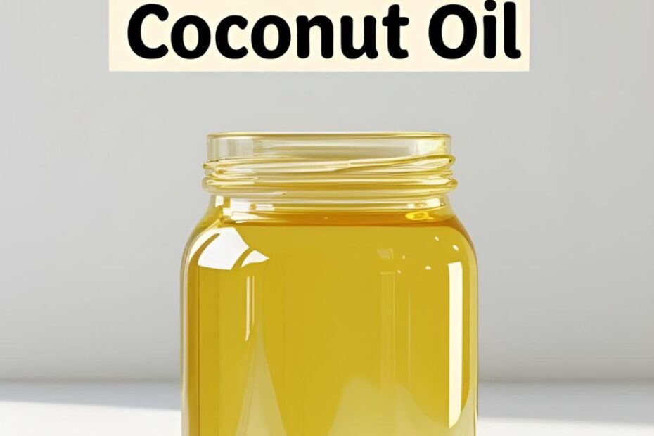 A glass jar filled with clear, homemade virgin coconut oil, with fresh coconut pieces next to it.