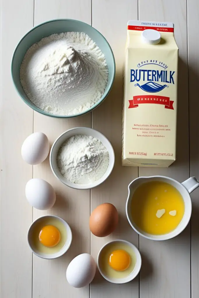 The ingredients for making fluffy buttermilk waffles from scratch, including flour, buttermilk, and separated eggs, arranged in a neat flat lay.