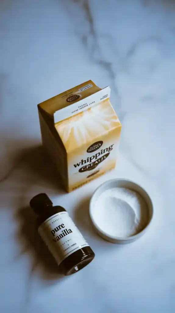  The three simple ingredients for making homemade whipped cream: a carton of cold heavy cream, powdered sugar, and vanilla extract.