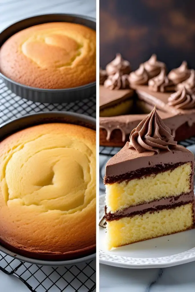 Two images of a homemade yellow cake: one showing the baked layers cooling, and a close-up of a finished slice showing the moist crumb.