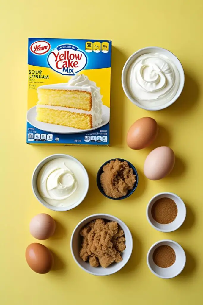 A flat lay of the key ingredients for a honey bun cake: a box of cake mix, sour cream, and a cinnamon-sugar mixture.