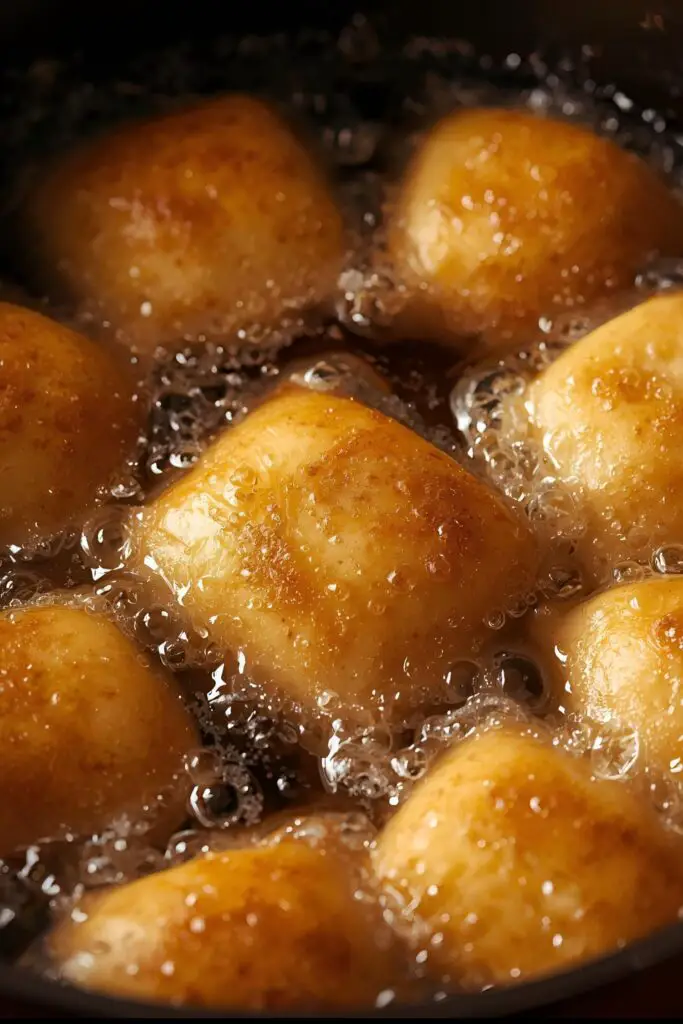 A dynamic close-up action shot of beignets puffing up and turning golden brown as they fry in hot oil in a Dutch oven.