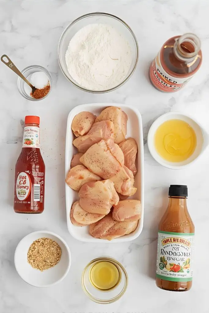  The simple and flavorful ingredients needed to make crispy hot honey chicken tenders.