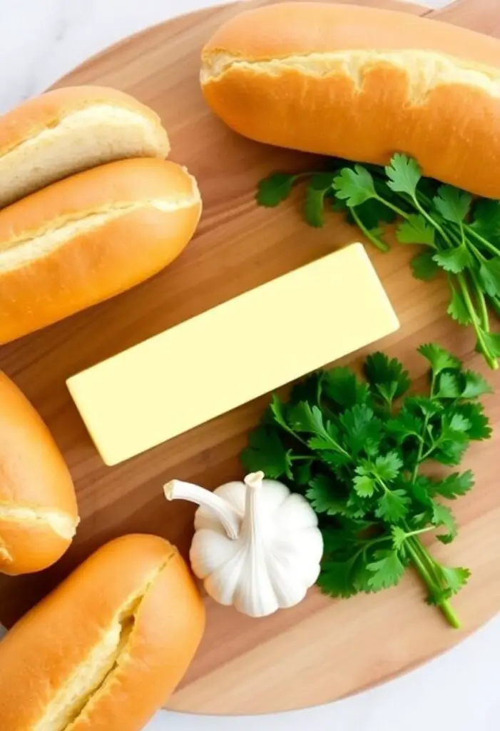 A simple flat lay collage of ingredients for hot dog bun garlic bread: leftover hot dog buns, a stick of softened butter, a head of garlic, and fresh parsley on a wooden board.