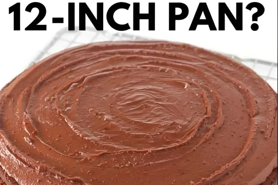 A large 12-inch round cake with the text overlay "How Many Cake Mixes for a 12-Inch Pan?"