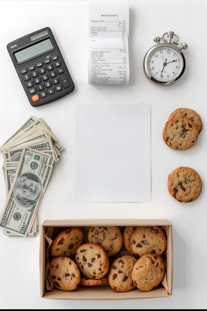 A flat lay of items for pricing cookies: a calculator, receipts, a box of cookies, a timer, and some US dollar bills.