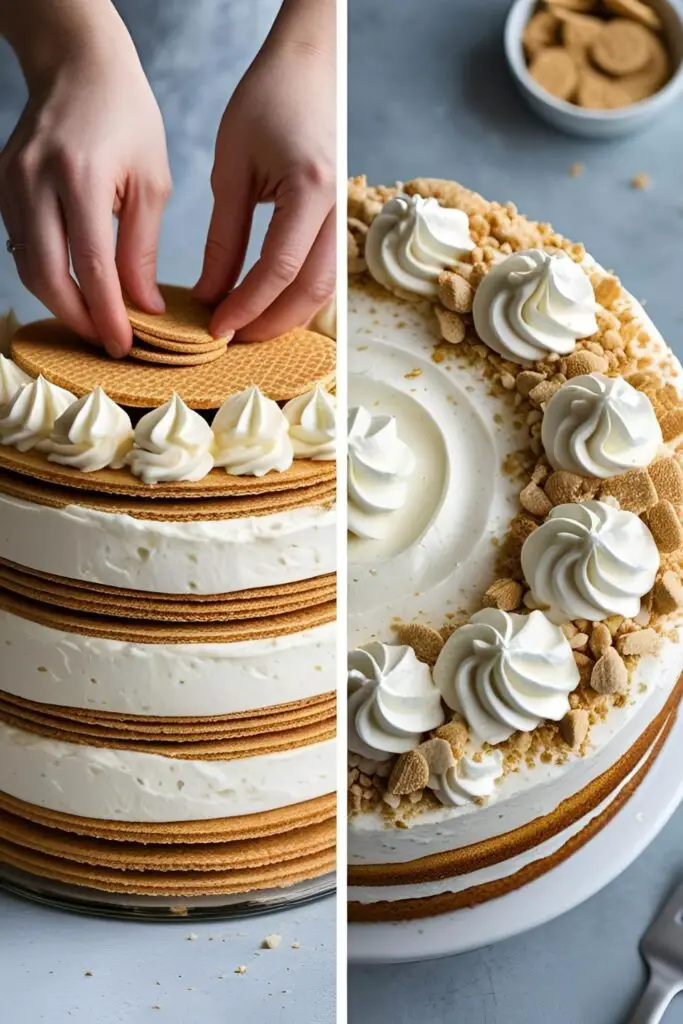 Two images showing how to make banana pudding cake: one of assembling the layers, and a close-up of the finished decorated cake.