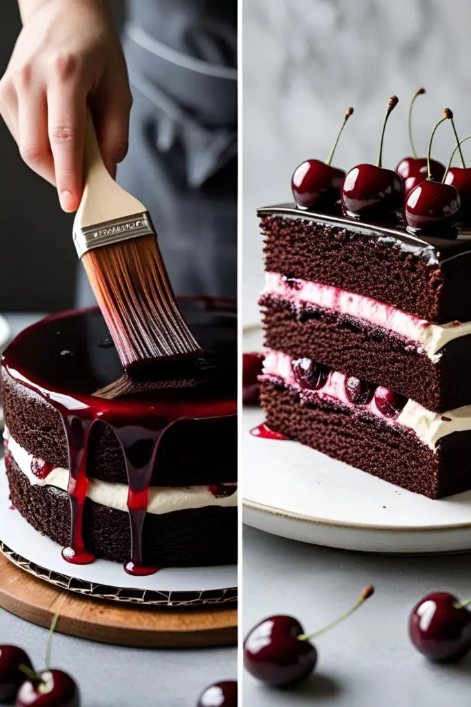 Two images showing how to make a Black Forest Cake: one of soaking the cake with syrup, and a close-up of a finished slice showing the layers.