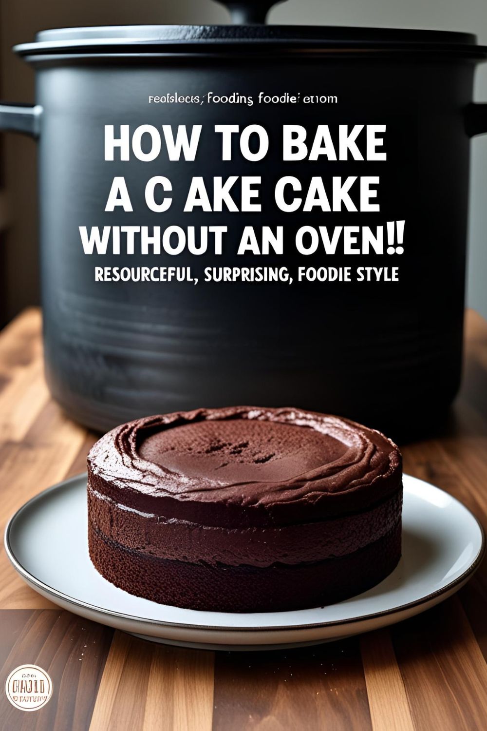 A round chocolate cake sits on a cutting board, with a large stovetop pot in the background, illustrating baking without an oven.