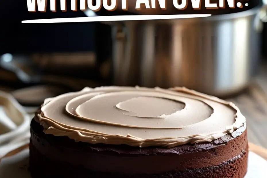 A round chocolate cake sits on a cutting board, with a large stovetop pot in the background, illustrating baking without an oven.