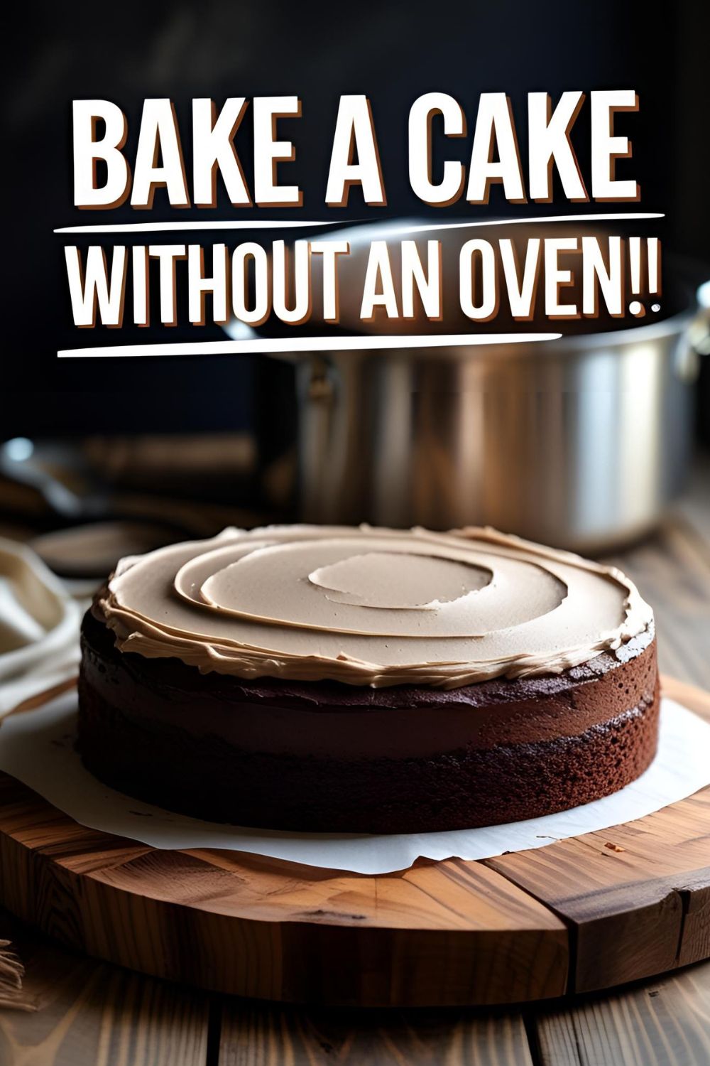 A round chocolate cake sits on a cutting board, with a large stovetop pot in the background, illustrating baking without an oven.