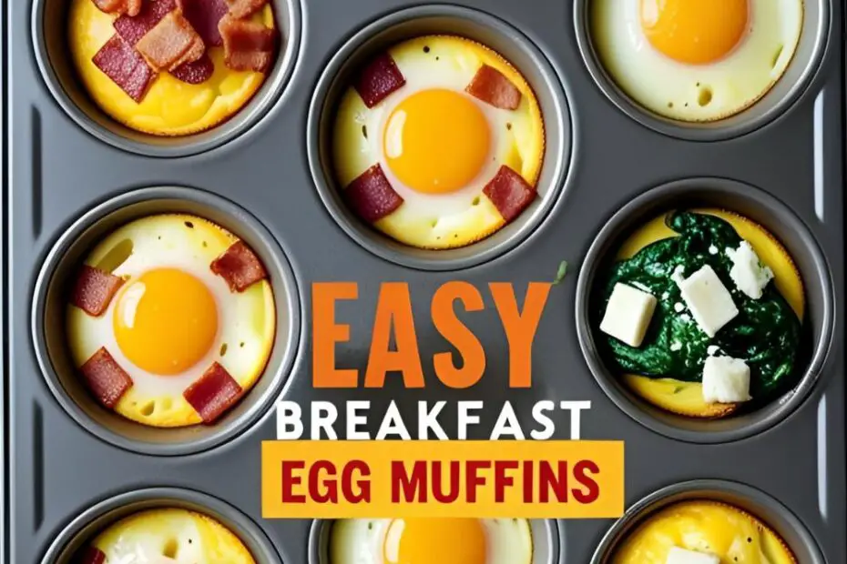 A muffin tin filled with various colorful baked egg muffins, with the text "Easy Breakfast Egg Muffins" overlaid.