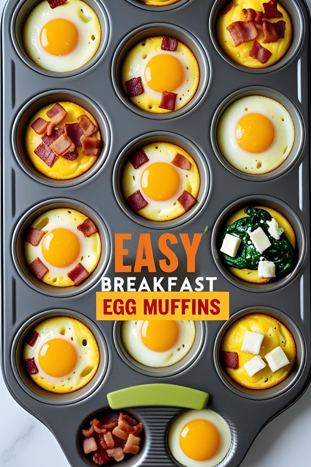 A muffin tin filled with various colorful baked egg muffins, with the text "Easy Breakfast Egg Muffins" overlaid.