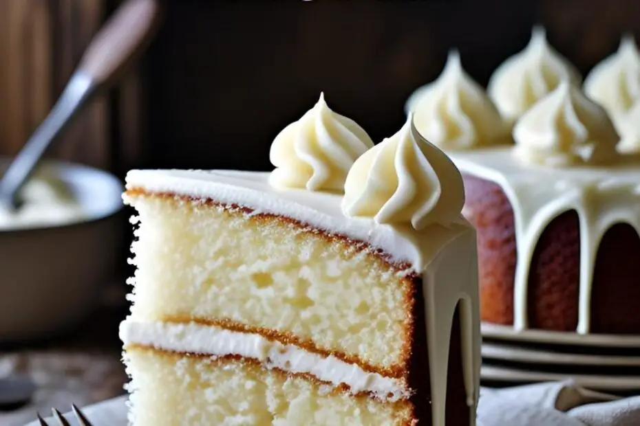 A detailed close-up shot of a slice of vanilla cake, showing the moist, tender crumb and layers of fluffy buttercream.