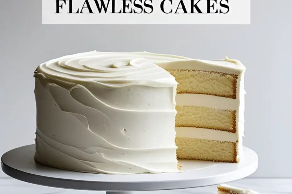 A beautiful, professionally frosted layer cake next to a slice on a plate, showcasing a perfectly smooth finish.
