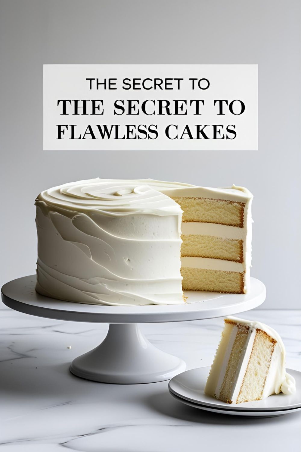 A beautiful, professionally frosted layer cake next to a slice on a plate, showcasing a perfectly smooth finish.