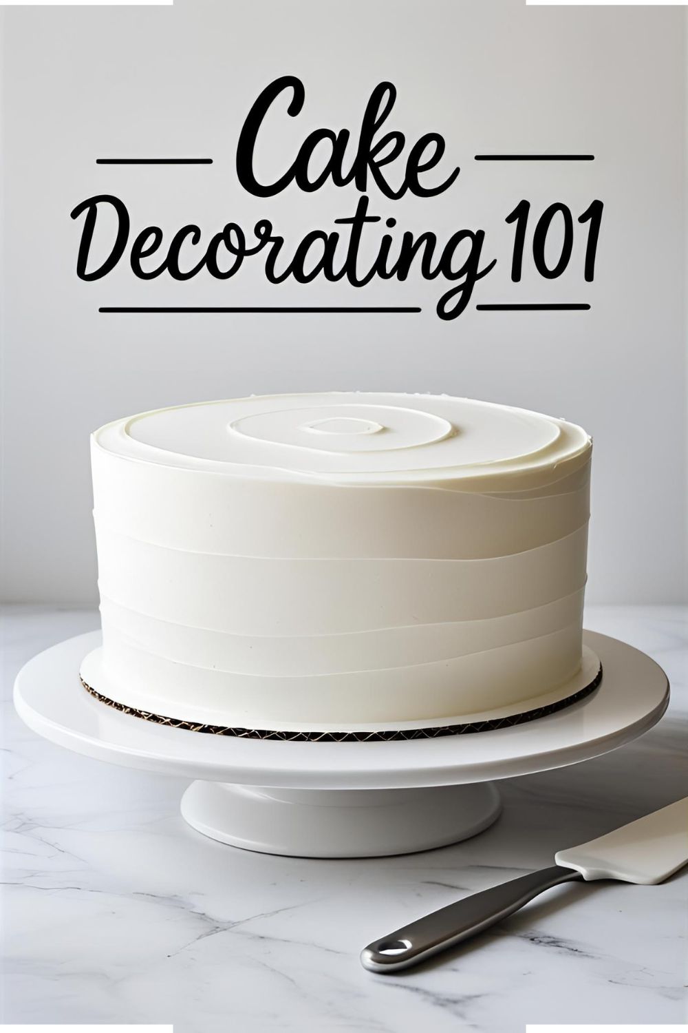 A perfectly smooth white buttercream cake on a decorating turntable, demonstrating how to decorate a cake.