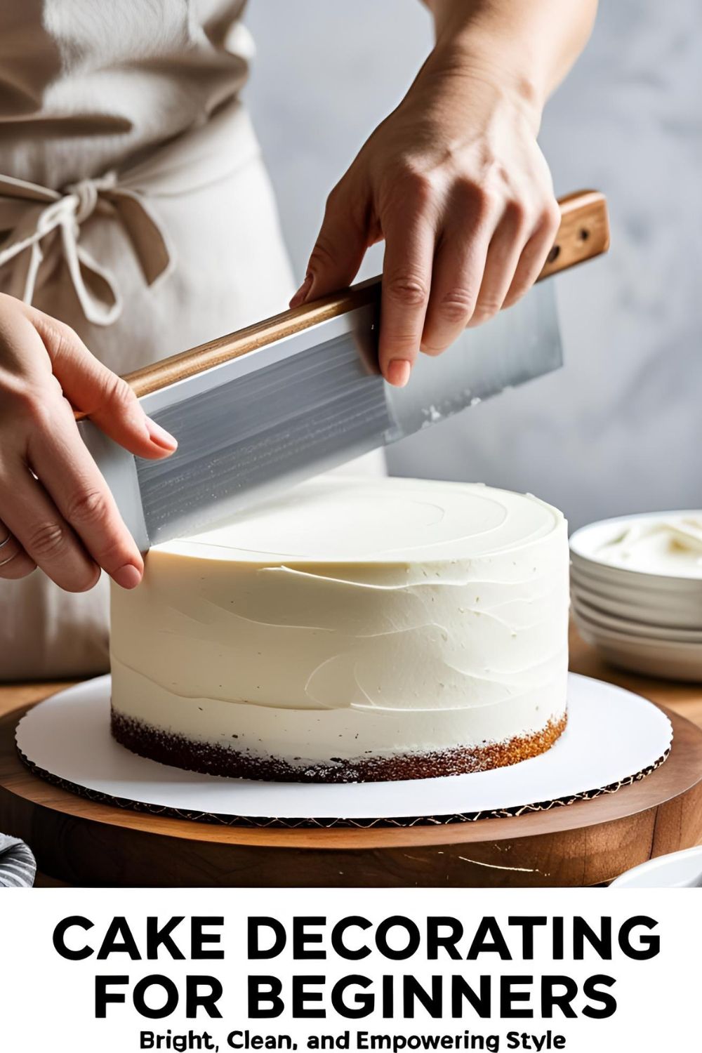 Hands using a bench scraper to get smooth sides on a white buttercream cake on a turntable.