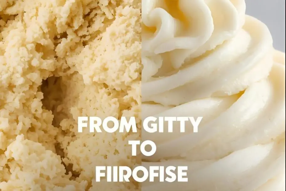 A "before and after" image showing grainy frosting becoming smooth, with the text "How to Fix Grainy Frosting."