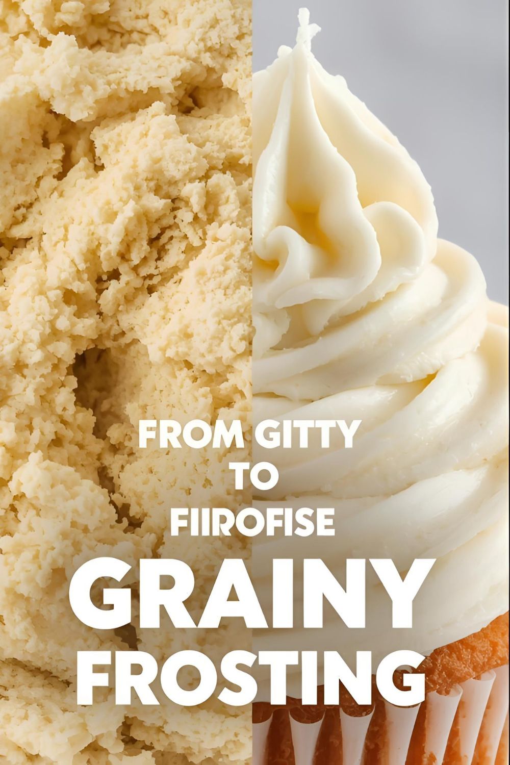 A "before and after" image showing grainy frosting becoming smooth, with the text "How to Fix Grainy Frosting."