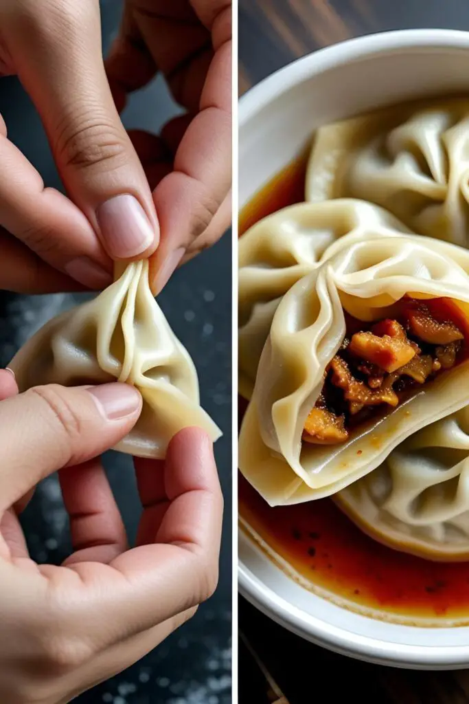 Two images showing how to make momos: one of hands folding the dough, and a close-up of a finished momo revealing its juicy filling.