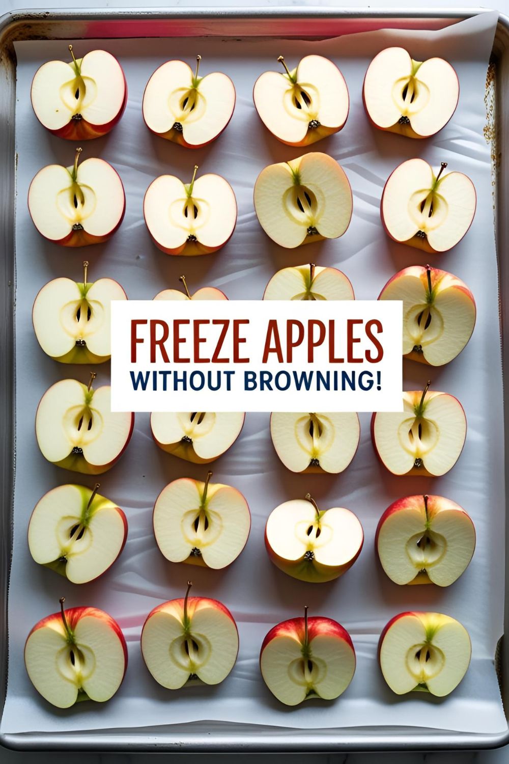 A guide showing the best way to freeze apple slices for later use without them turning brown.