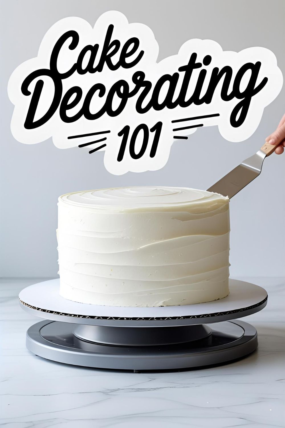 A perfectly smooth white buttercream cake on a decorating turntable, demonstrating how to frost a cake.