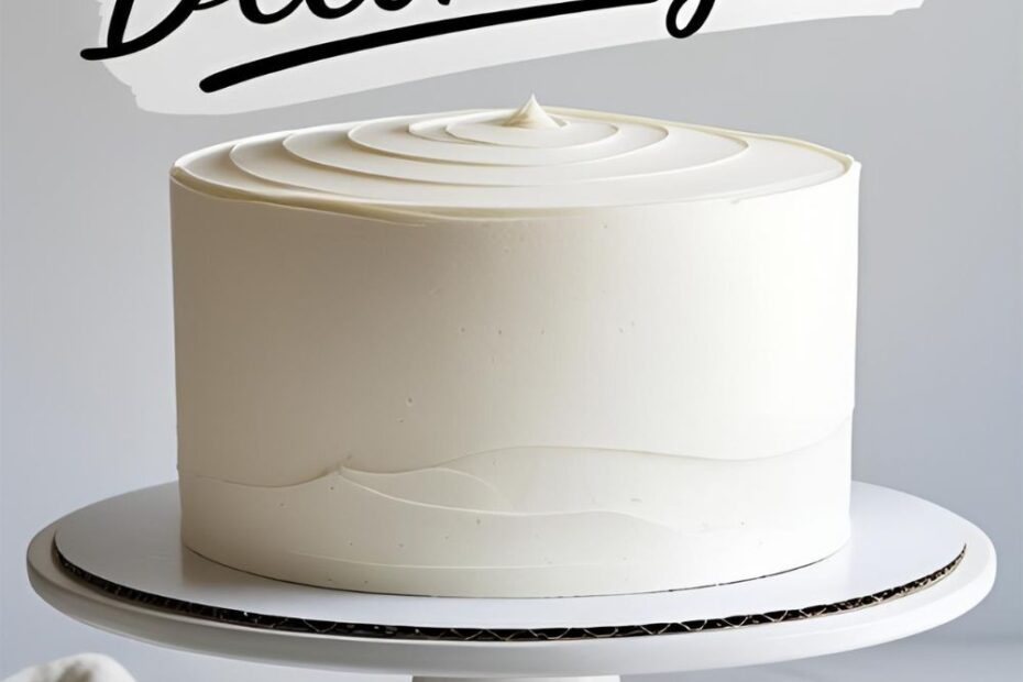 A perfectly smooth white buttercream cake on a decorating turntable, demonstrating how to frost a cake.