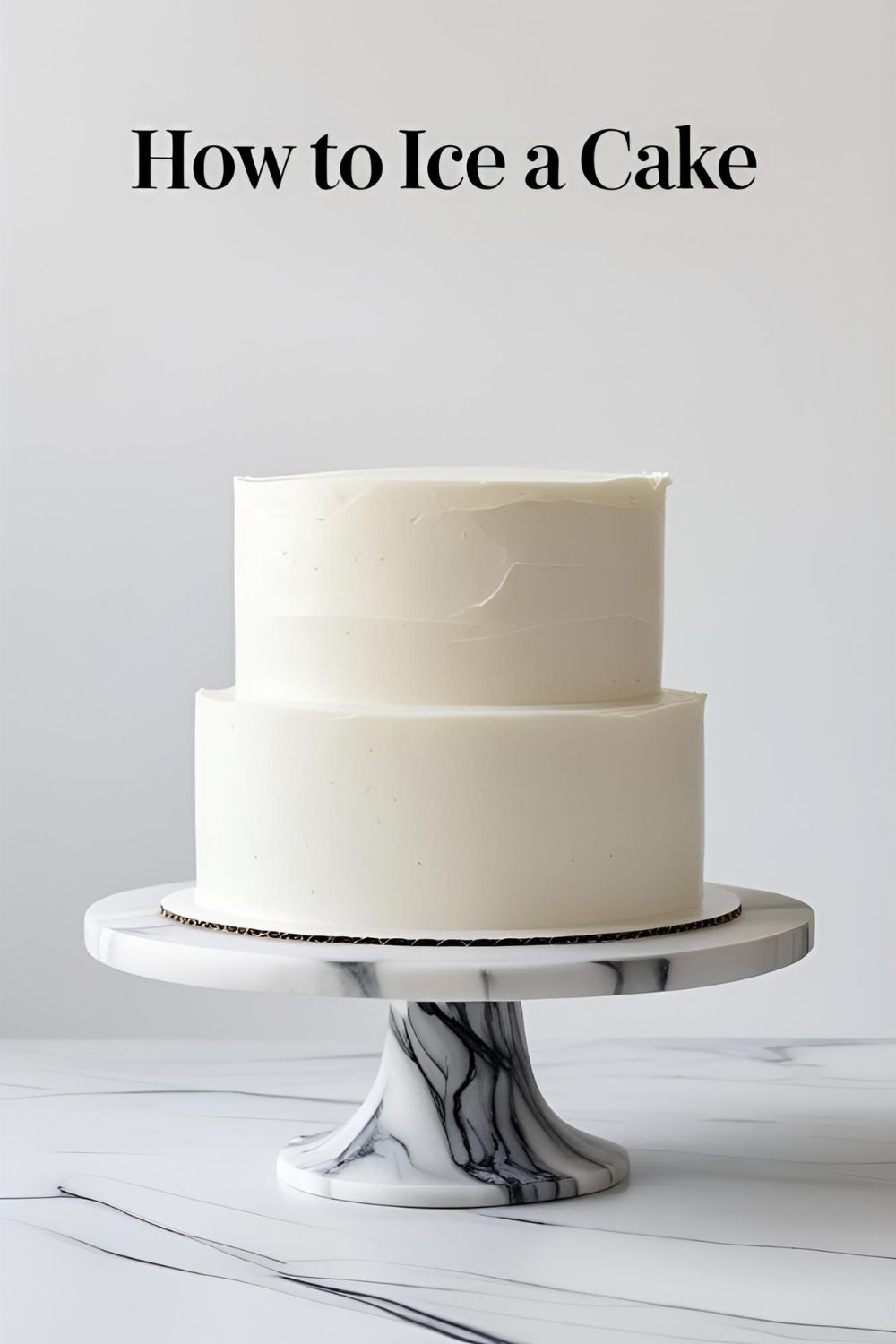A guide on how to ice a cake for beginners, showing a finished cake with a smooth frosting finish.