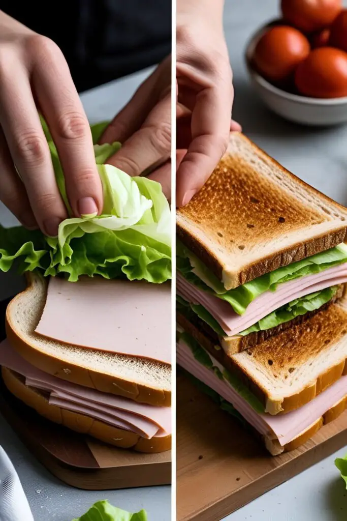 Two images showing how to make a sandwich: one of hands layering the ingredients, and a close-up of the finished, perfectly layered cross-section.