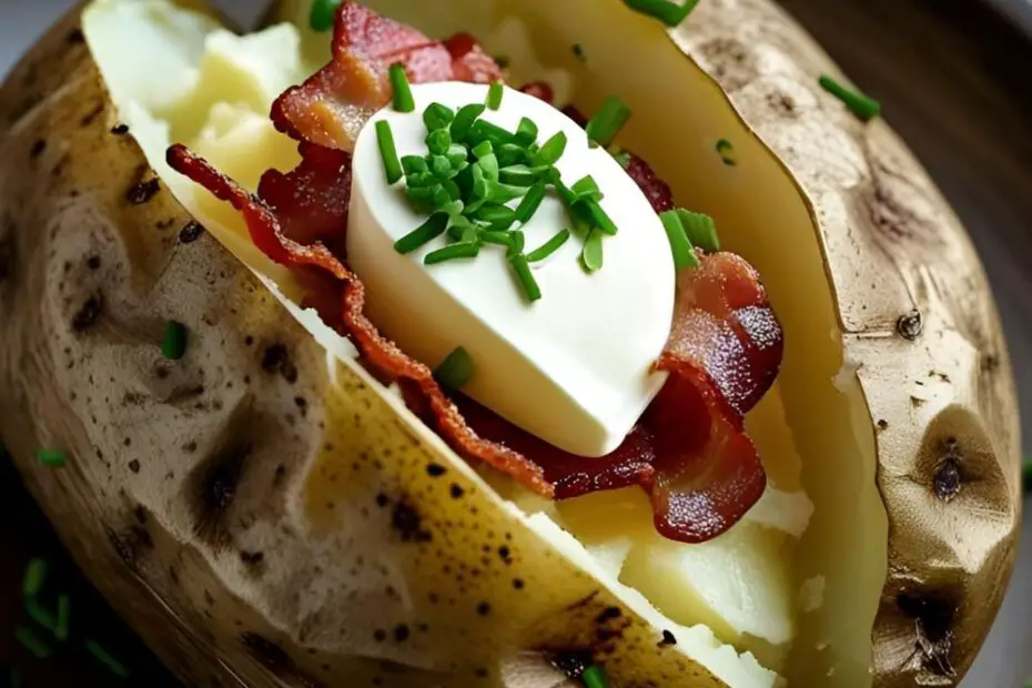 A step-by-step guide on how to make a baked potato with crispy skin and a fluffy inside.