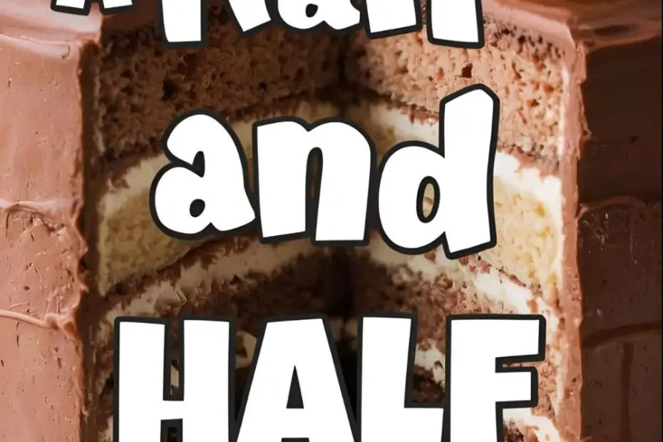 A beautiful slice of cake showing a perfect split of chocolate and vanilla layers, with the text "How to Make a Half and Half Cake."