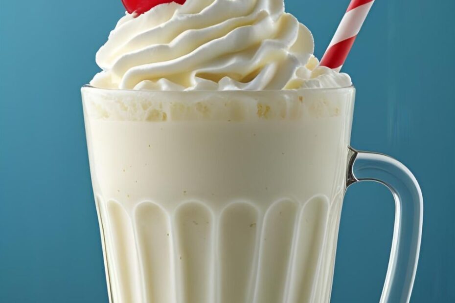A thick and creamy vanilla milkshake in a tall diner glass, topped with a mountain of whipped cream and a bright red maraschino cherry.