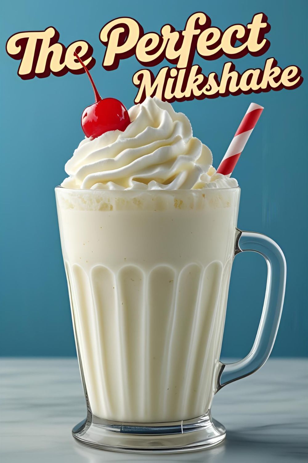 A thick and creamy vanilla milkshake in a tall diner glass, topped with a mountain of whipped cream and a bright red maraschino cherry.