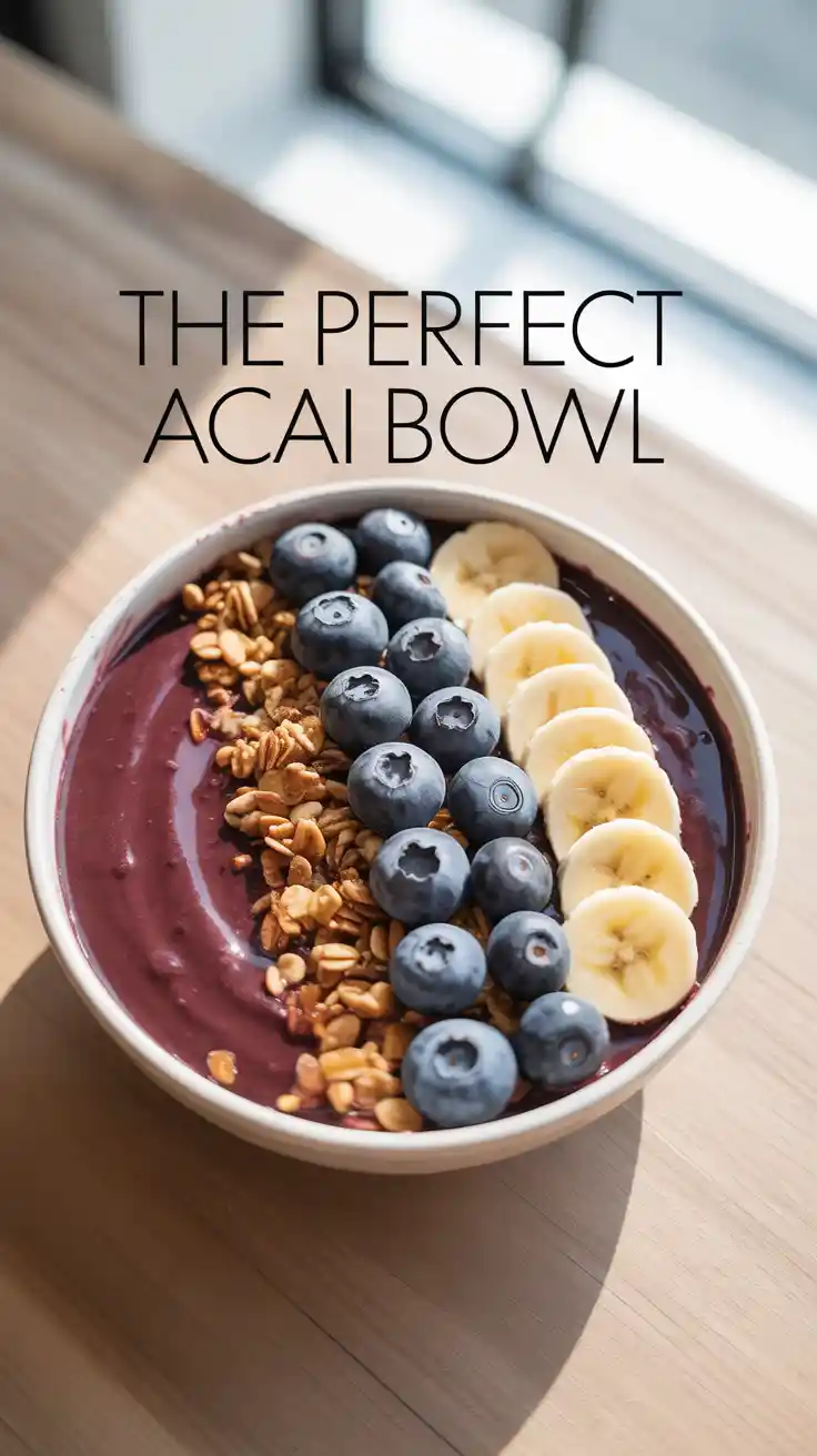 A beautiful, thick, homemade acai bowl in a coconut shell, artfully decorated with rows of fresh fruit, granola, and coconut flakes.