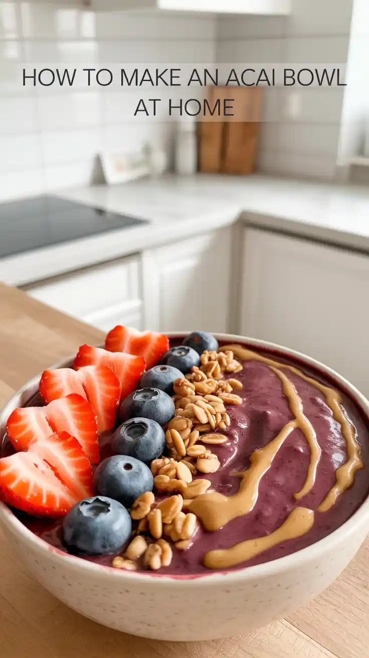A vibrant purple acai bowl in a white bowl, topped with granola, fresh strawberries, and blueberries, with text overlay reading "How to Make an Acai Bowl at Home".