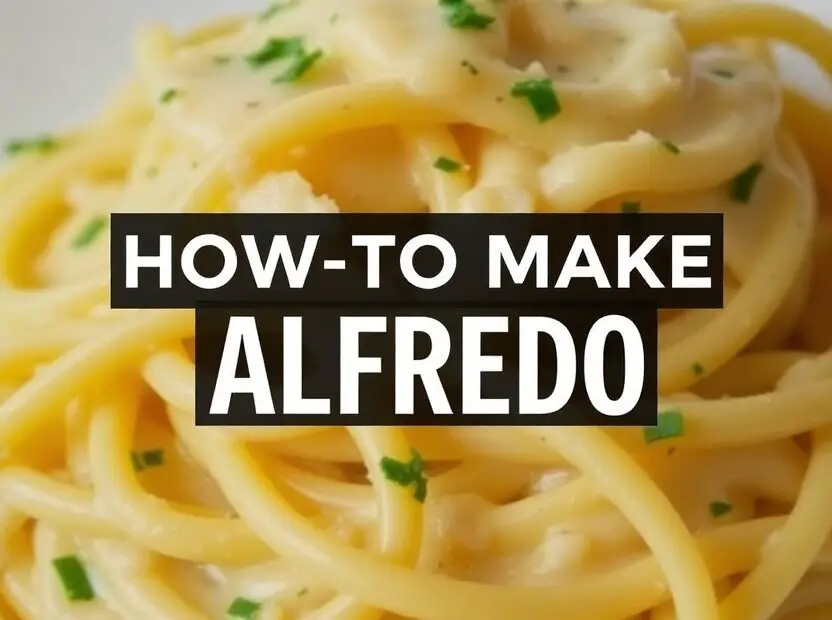 "HOW TO MAKE ALFREDO" on a luscious image of creamy Alfredo sauce coating pasta.