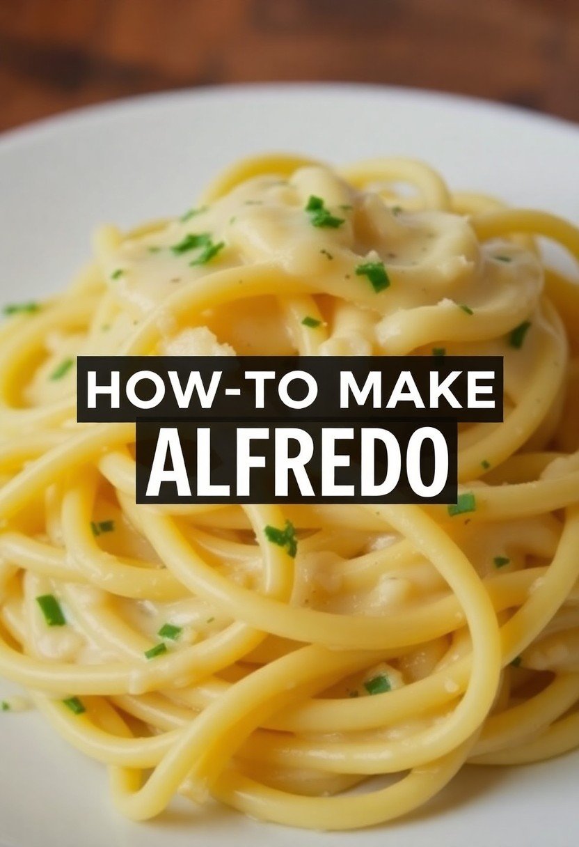 "HOW TO MAKE ALFREDO" on a luscious image of creamy Alfredo sauce coating pasta.