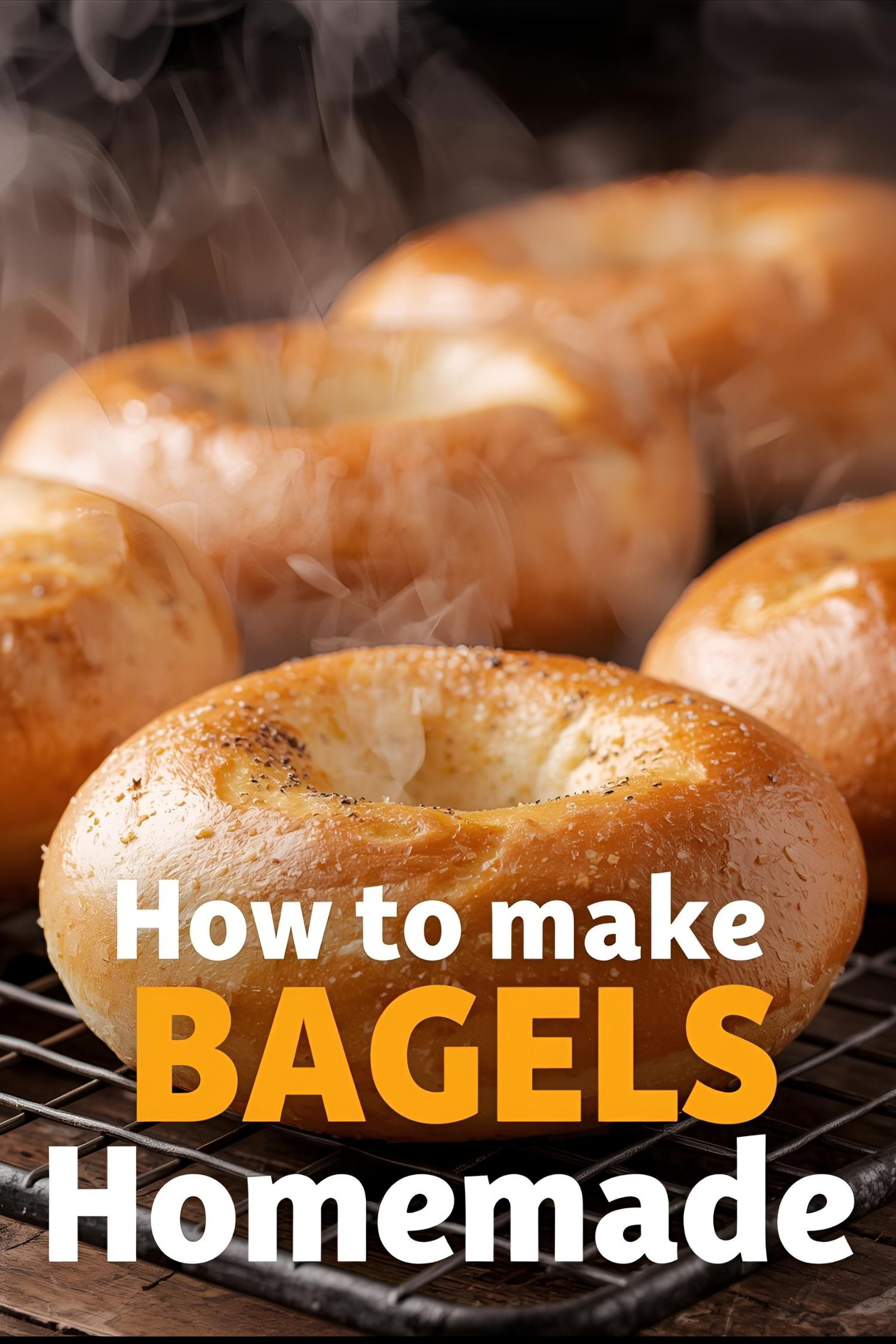 A flat-lay collage of bagel ingredients: bread flour, active dry yeast, sugar, salt, and water in a measuring cup, on a light wood surface