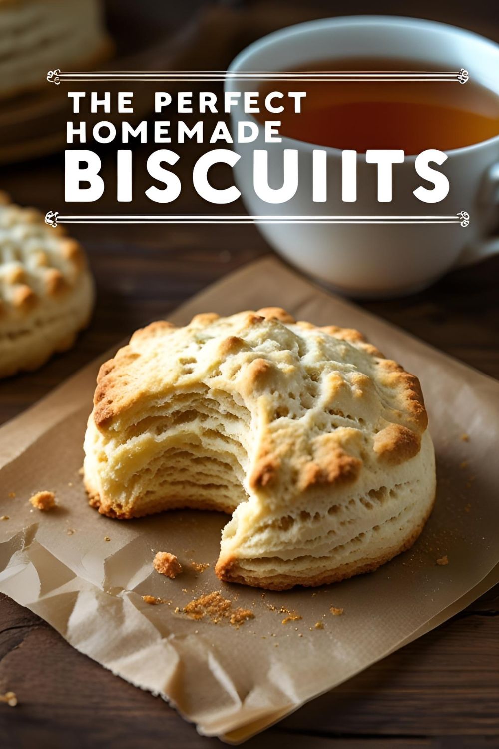 A single, perfect homemade shortbread biscuit resting next to a cup of tea, ready to be eaten.