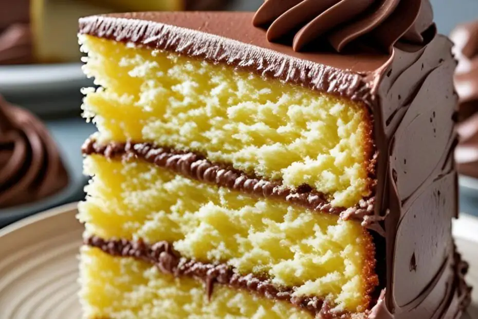 A delicious and moist slice of cake on a plate, demonstrating how to make a box cake taste like it came from a bakery.