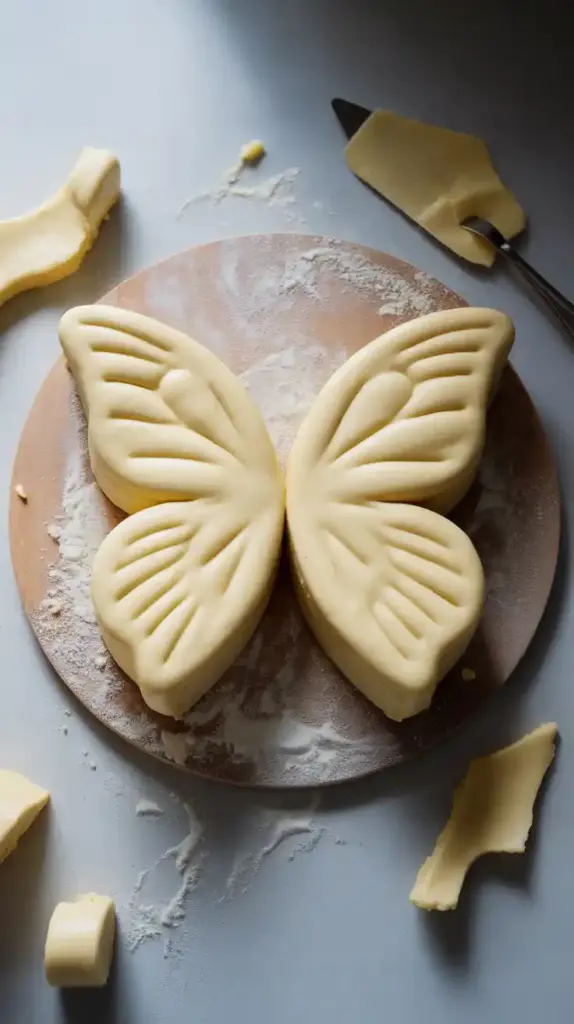  An instructional photo showing how to form a butterfly shape by cutting a round cake in half and placing the cut edges together.