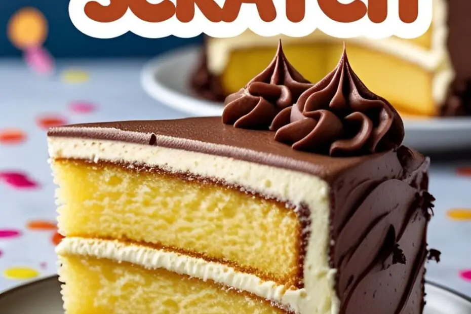 A perfect slice of homemade yellow birthday cake with chocolate frosting and colorful sprinkles on a white plate