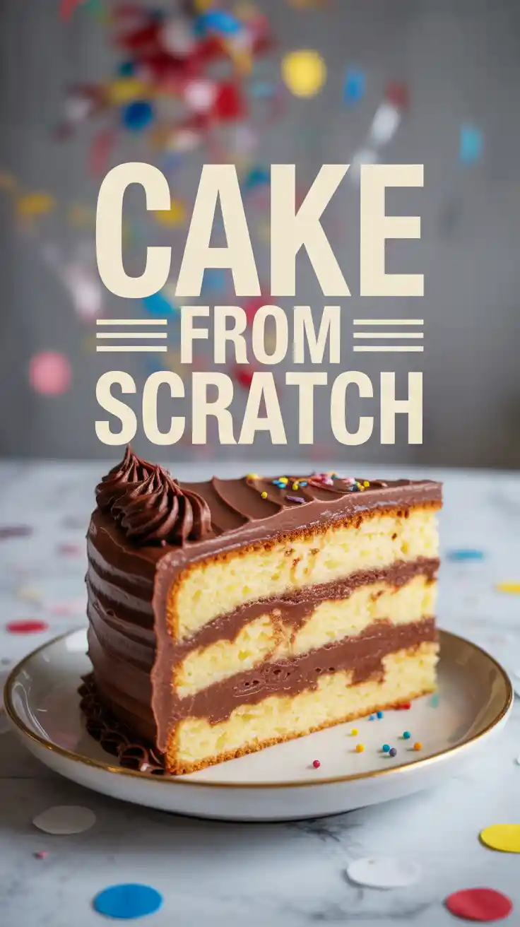 A perfect slice of homemade yellow birthday cake with chocolate frosting and colorful sprinkles on a white plate.