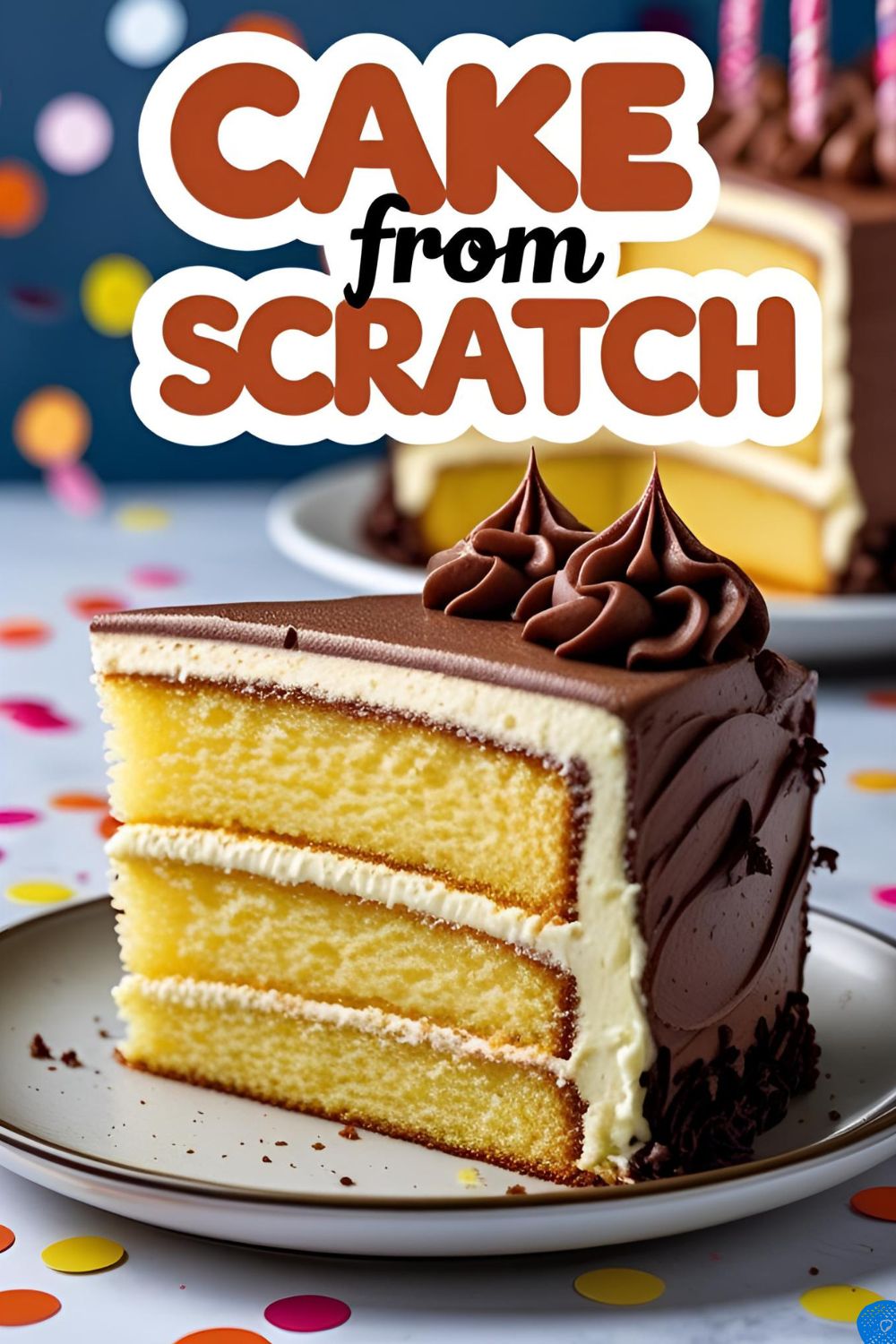 A perfect slice of homemade yellow birthday cake with chocolate frosting and colorful sprinkles on a white plate