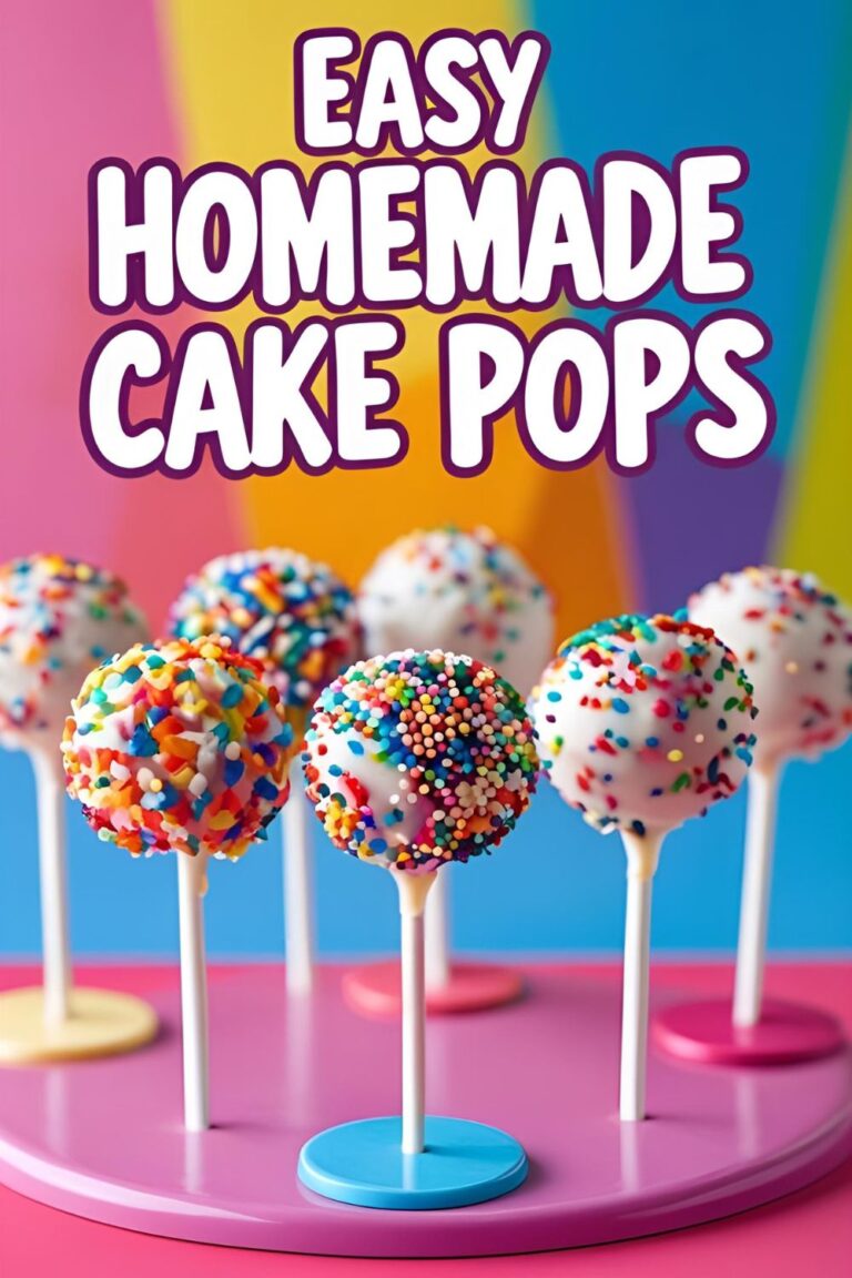 A collection of colorful, sprinkle-covered homemade cake pops displayed in a stand, ready for a party.