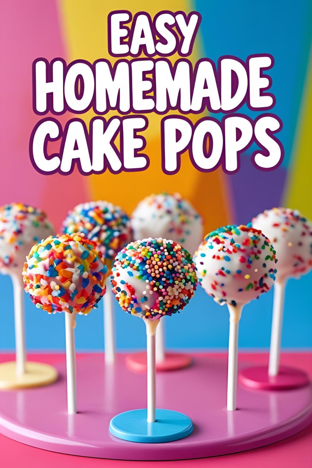 A collection of colorful, sprinkle-covered homemade cake pops displayed in a stand, ready for a party.