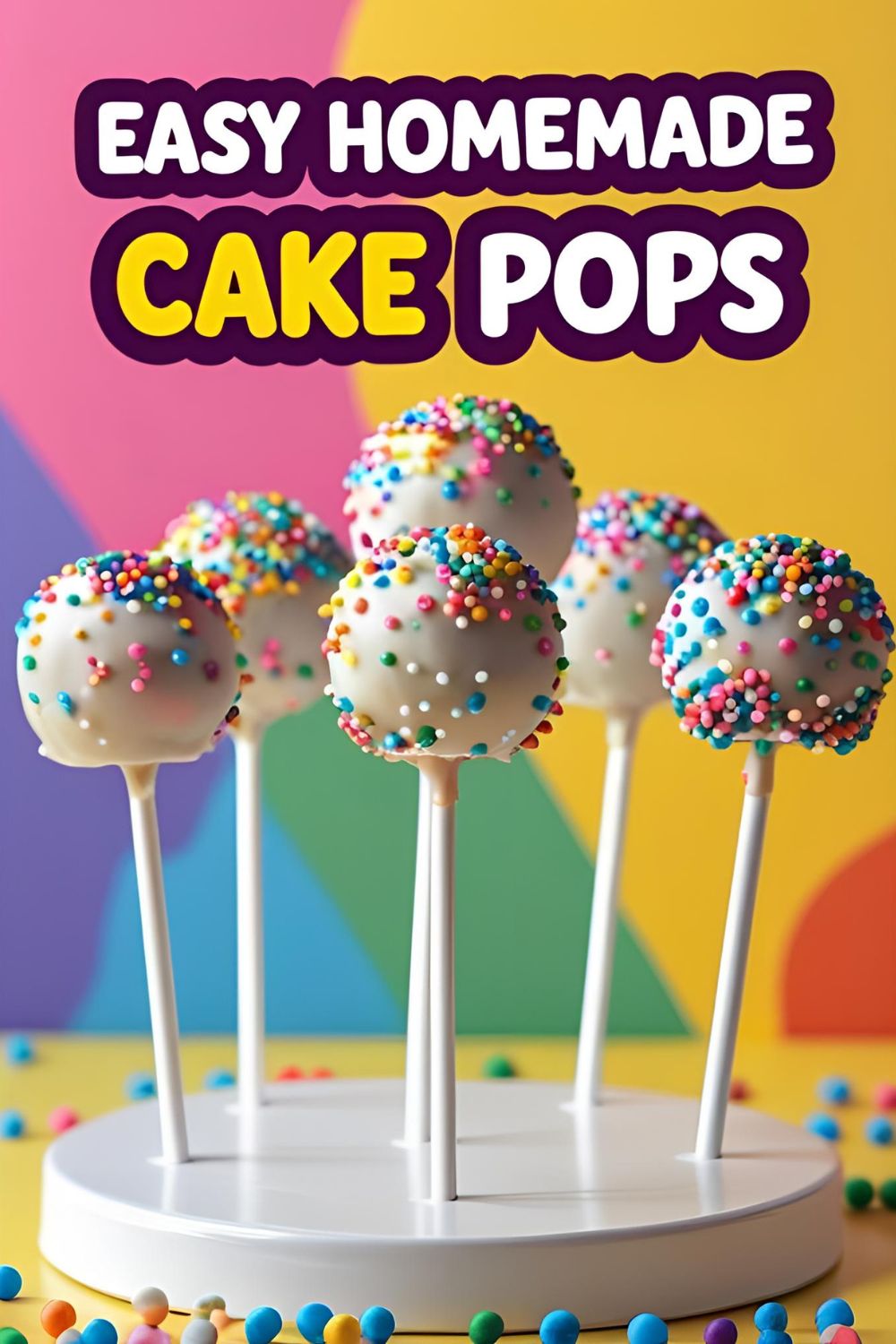 A collection of colorful, sprinkle-covered homemade cake pops displayed in a stand, ready for a party.